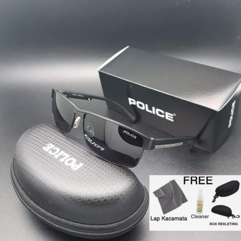 BEST SELLER.. Kacamata Hitam Police P24 Lens polarized Anti UV Full Shet Free cairan pembersih