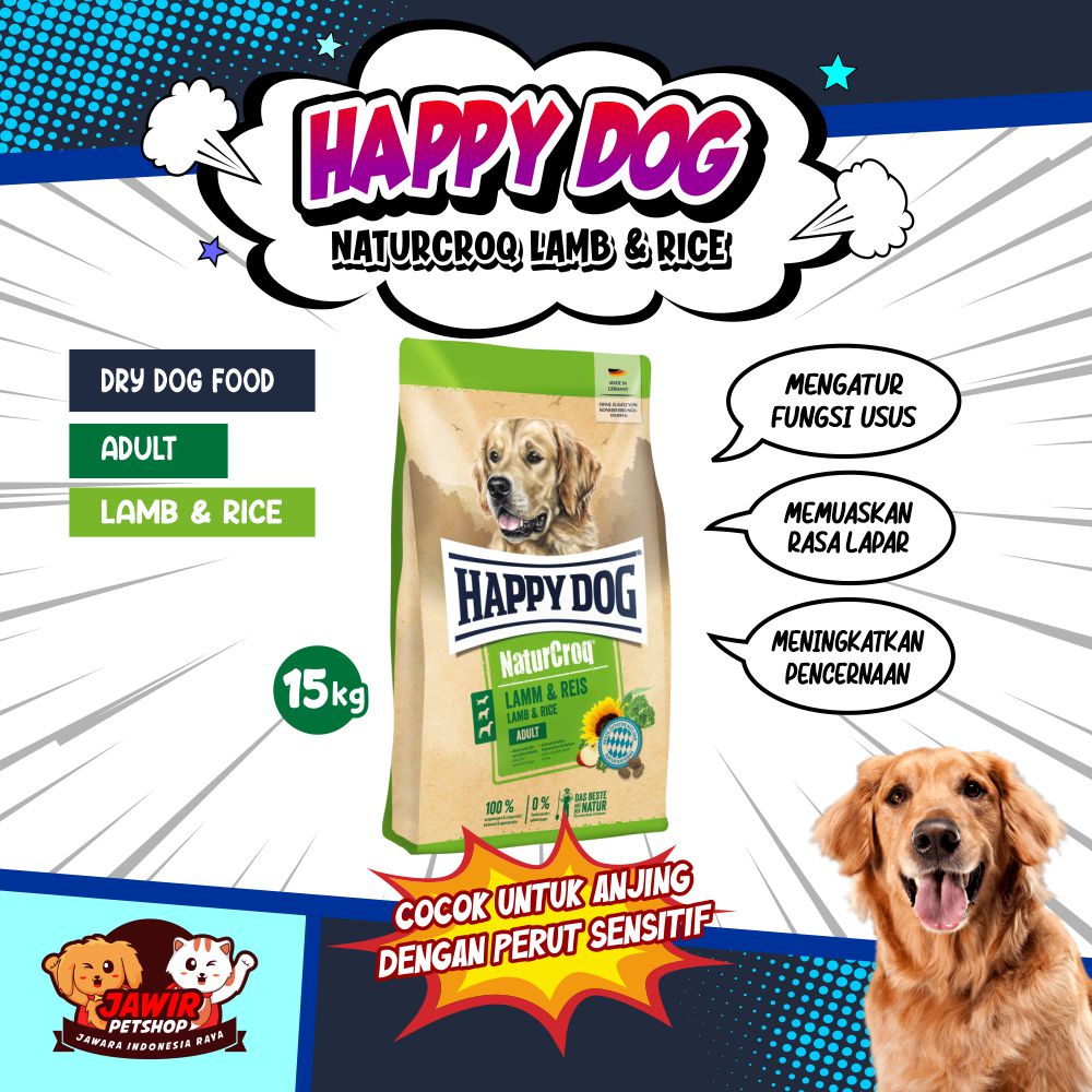 Happy Dog NATURCROQ ADULT LAMB &amp; RICE 15kg food hd makanan anjing domba pencernaan sensitiv sensitif dewasa ras besar large dogs golden and herder husky dogfood freshpack happydog hapy naturecroq natur croq nature dry kering murah 15 kg 1 sak karung