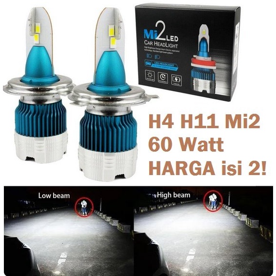 Lampu LED MI2 H4 H11 MINI bohlam utama head lamp head light mobil 60Watt