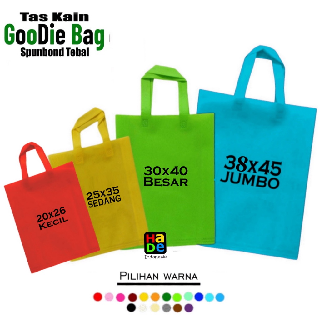 

Tas Kain Spunbond Goodie Bag Tali Ukuran Jumbo, Besar / Kecil S/M/L/XL ( 20x26 , 25x35 , 30x40 & 38x45 ) Untuk Kantong Belanja Lipat, Goody bag Parsel Hantaran Hajatan, Hampers Souvenir Ultah / Pernikahan Pengganti Plastik Paper bag Murah Ramah Lingkungan