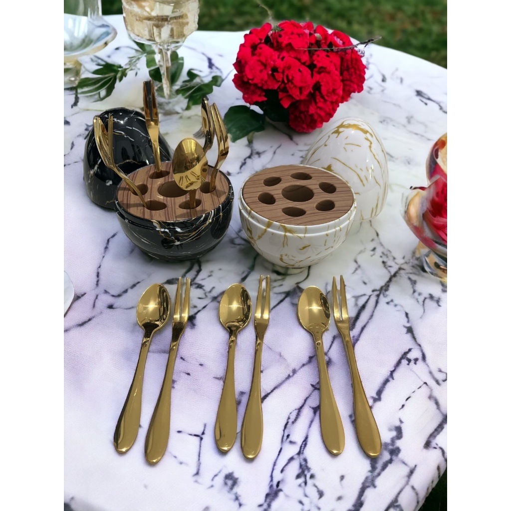 Kingsbakeware Egg Spoon Gold Kecil / Sendok Emas Telor Mini Marble / Garpu kecil Gold / Sendok Kecil