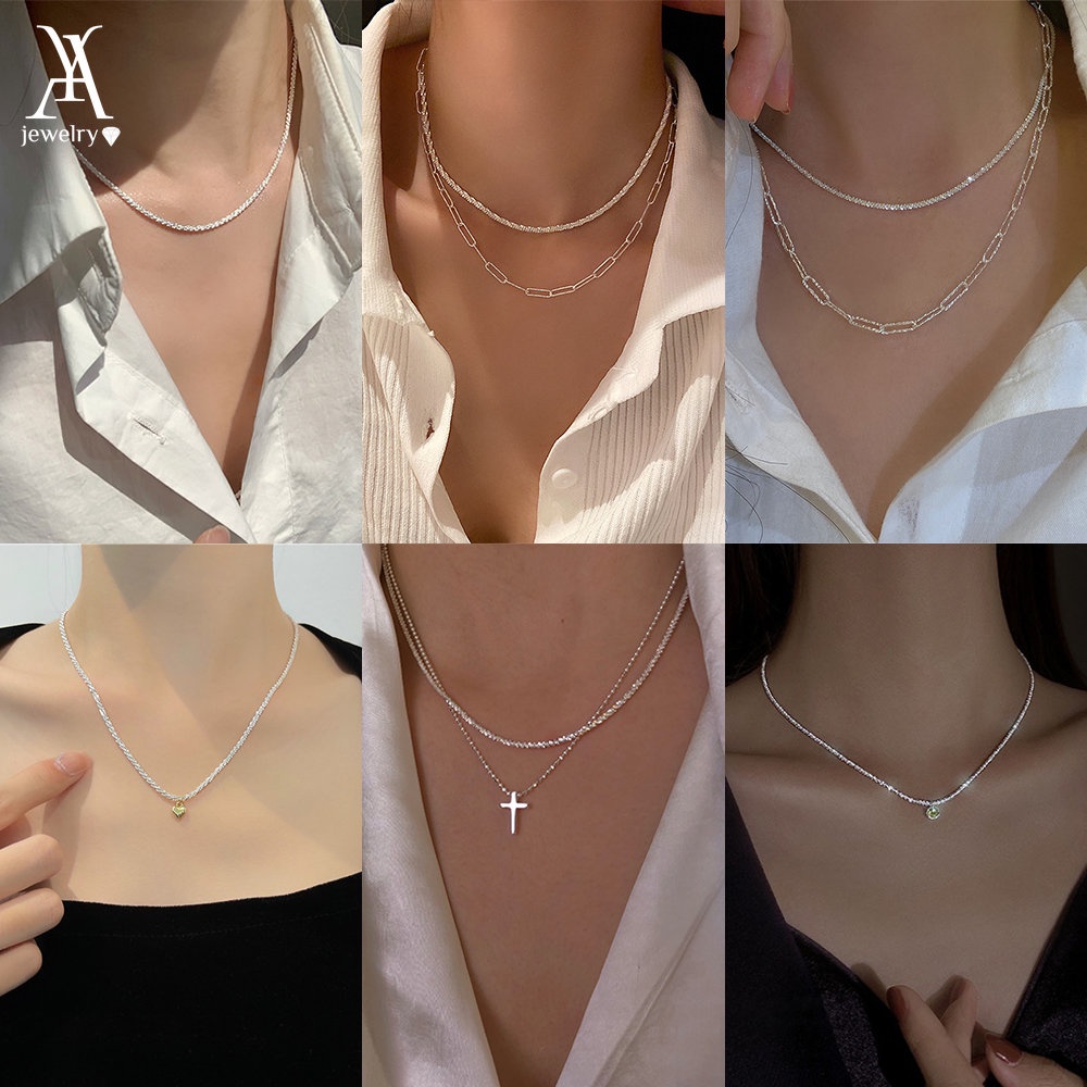 AY(CN) Ay (CN) Bersinar Lapisan Ganda Kalung Gelang Kristal Salib Hati Perak Manik Liontin Rantai Choker Bracelets Untuk Wanita Perhiasan Aksesoris