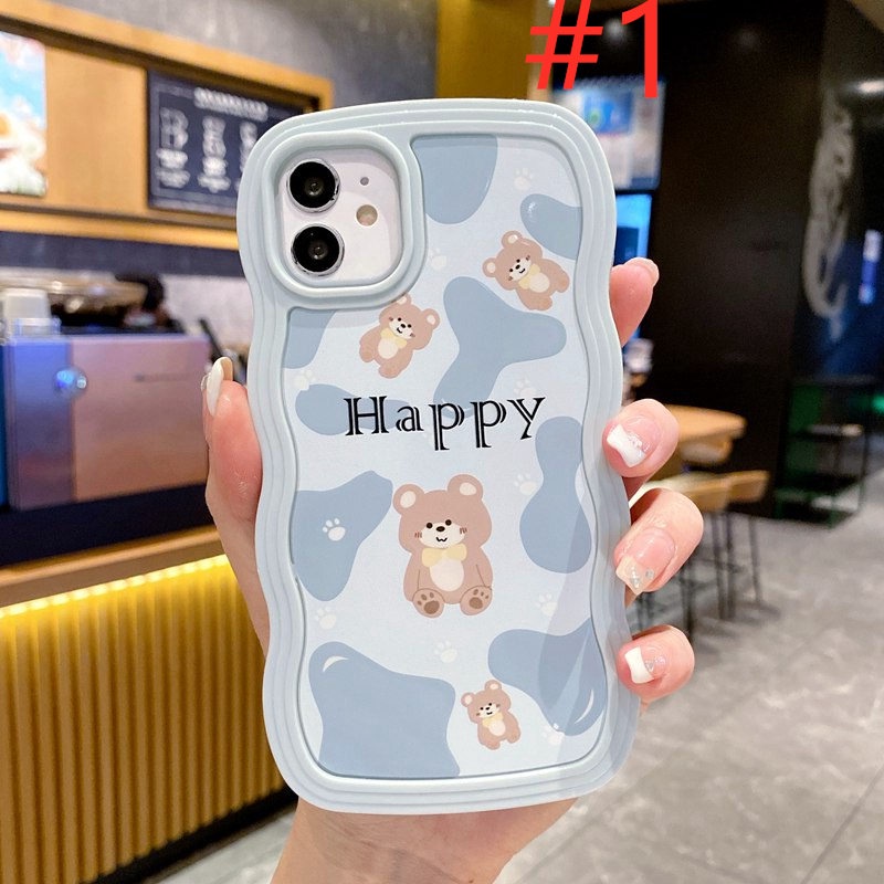 Happy Brown Bear 2in1 Wave Soft Case HP iP iPhone 14 13 12 11 Pro X XS XR Max 7 8 + Plus Blue White FTD Casing