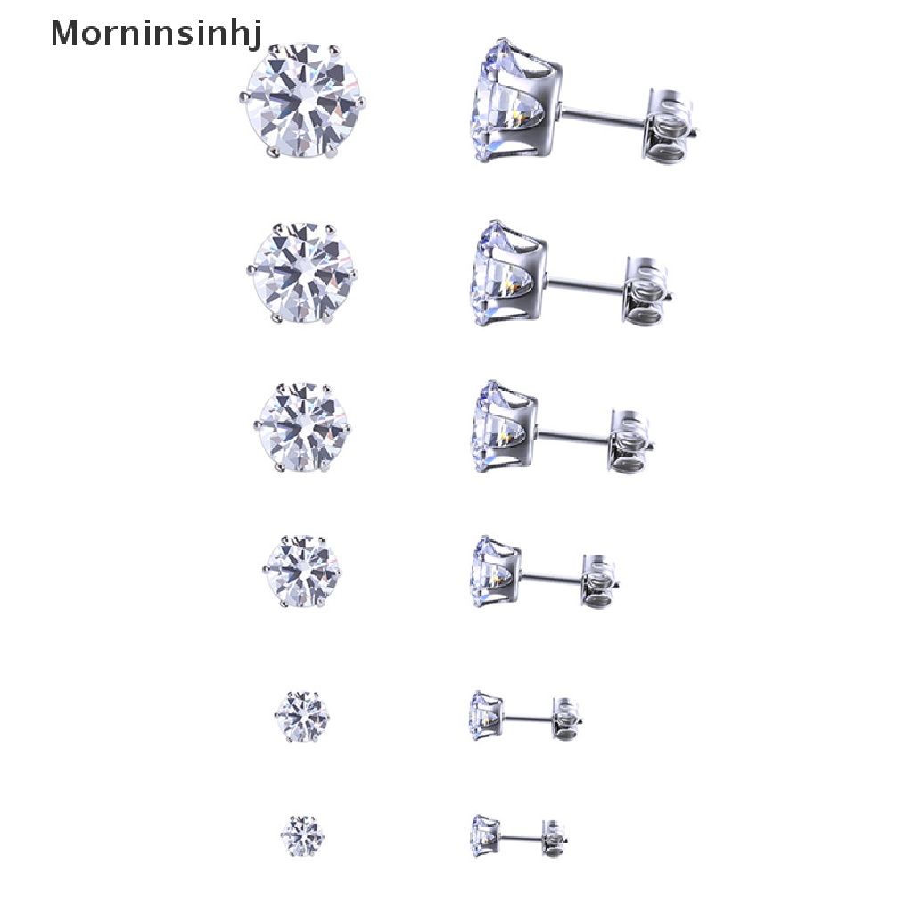 Mornin Anting Tusuk Wanita Bulat Stainless Steel Cubic Zirconia Hias 3mm-8mm 6pasang id