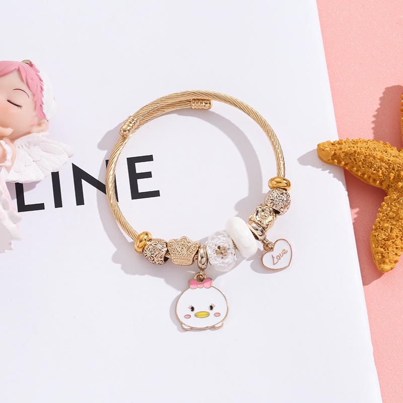 XiaoboACC Kartun Stitch Mickey Minnie Liontin Stainless Steel Terbuka Dapat Disesuaikan DIY Gelang