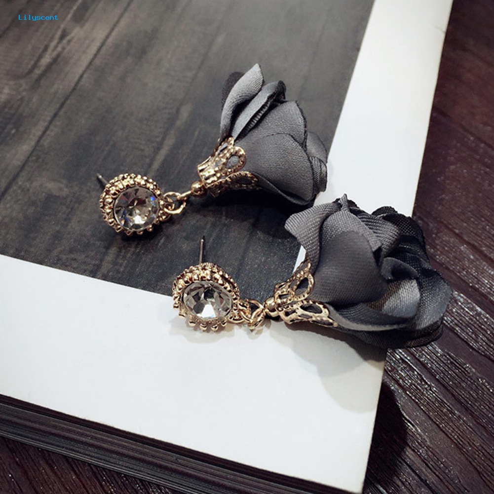 Lilyscent Fashion Wanita Berlian Imitasi Hias Bunga Menjuntai Drop Ear Stud Earrings Perhiasan Hadiah