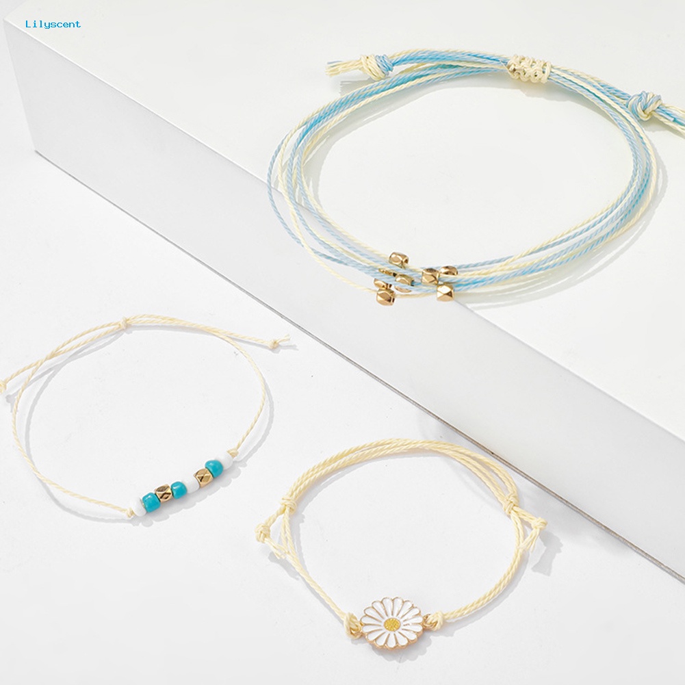 Lilyscent 3Pcs/Set Bohemian Wanita Manik Bunga Pesona Tali Gelang Bangle Perhiasan Hadiah