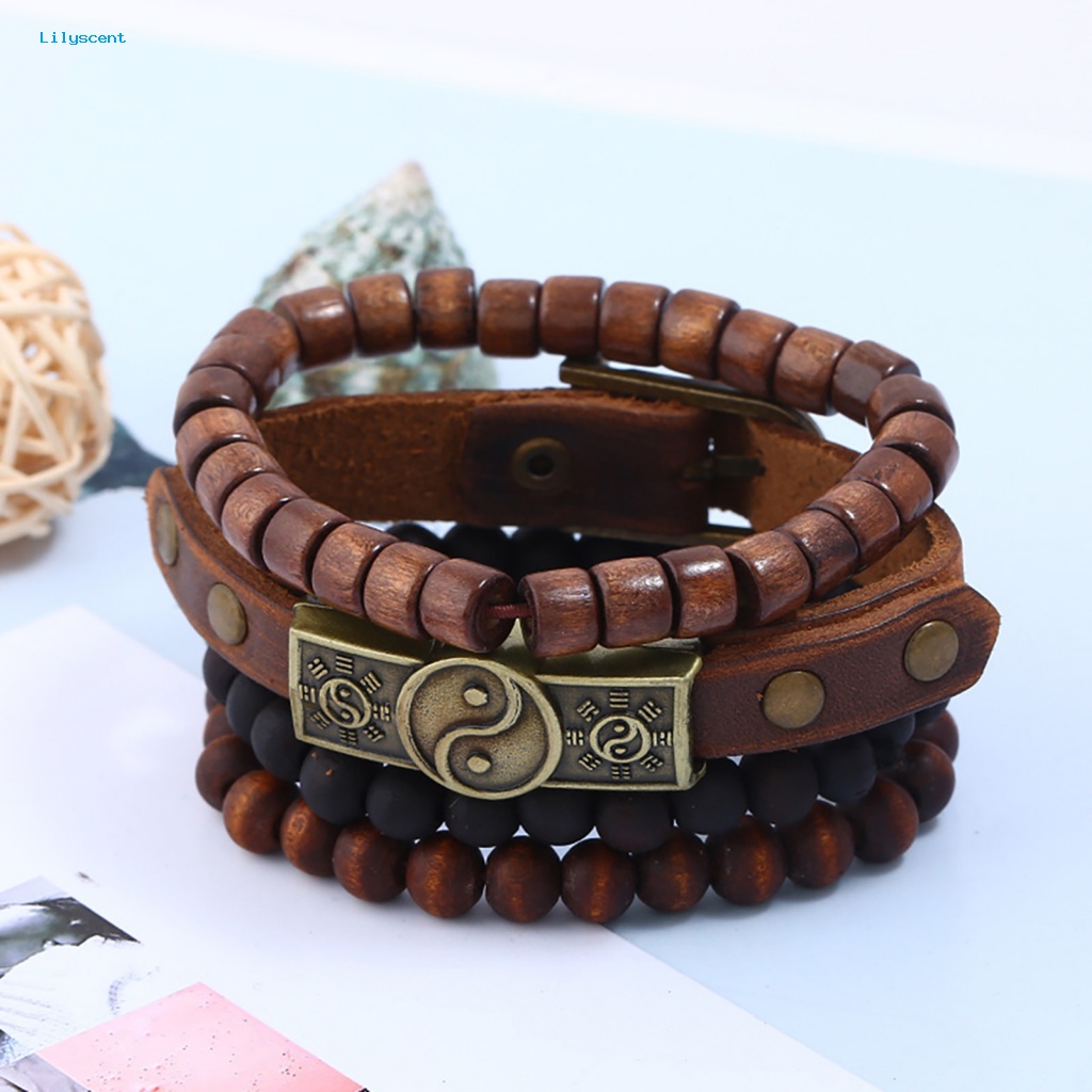 Lilyscent 4Pcs/Set Gelang Pesona Manik-Manik Keberuntungan Untuk Dekorasi Tai Chi Rantai Manik-Manik Kayu Vintage