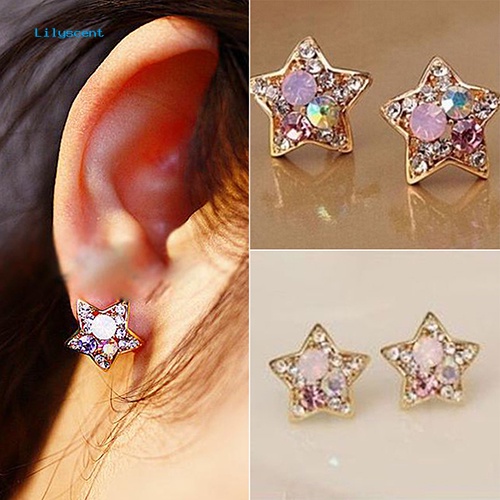 Lilyscent Fashion Wanita Elegan Berlian Imitasi Bentuk Bintang Ear Stud Earrings Perhiasan Pesta