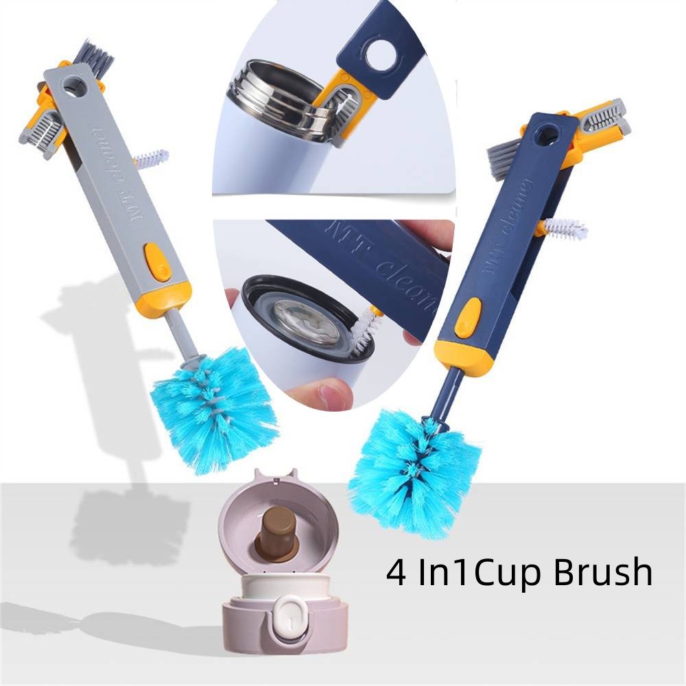 ღ Kreatif 4in1 Cup Brush Batang Teleskopik Cuci Cangkir Sikat Pembersih Gagang Panjang Kesenjangan Sikat Termos Tutup Cangkir Sikat Rotary rumah Silikon Cleaning Alat