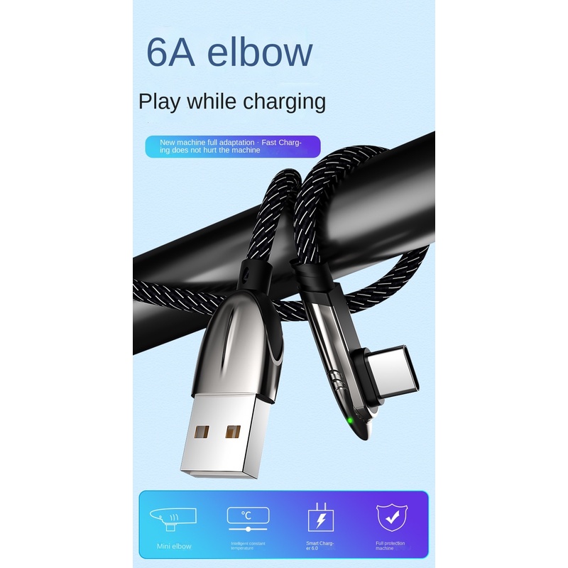 Kabel Data Charge 6A 90derajat Elbow USB C-cable Fast Charging C-Type USB C-cable Type-C Untuk Ponsel Samsung