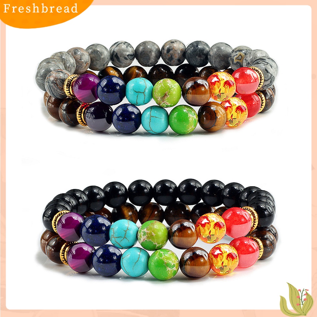 &lt; Freshbread &gt; 1pasang Gelang Manik-Manik Lapisan Ganda Tujuh Cakra Warna-Warni Alami Batu Vulkanik Pergelangan Tangan Berbagai Wanita Pria Yoga Olahraga Chakra Gelang Hadiah Pasangan