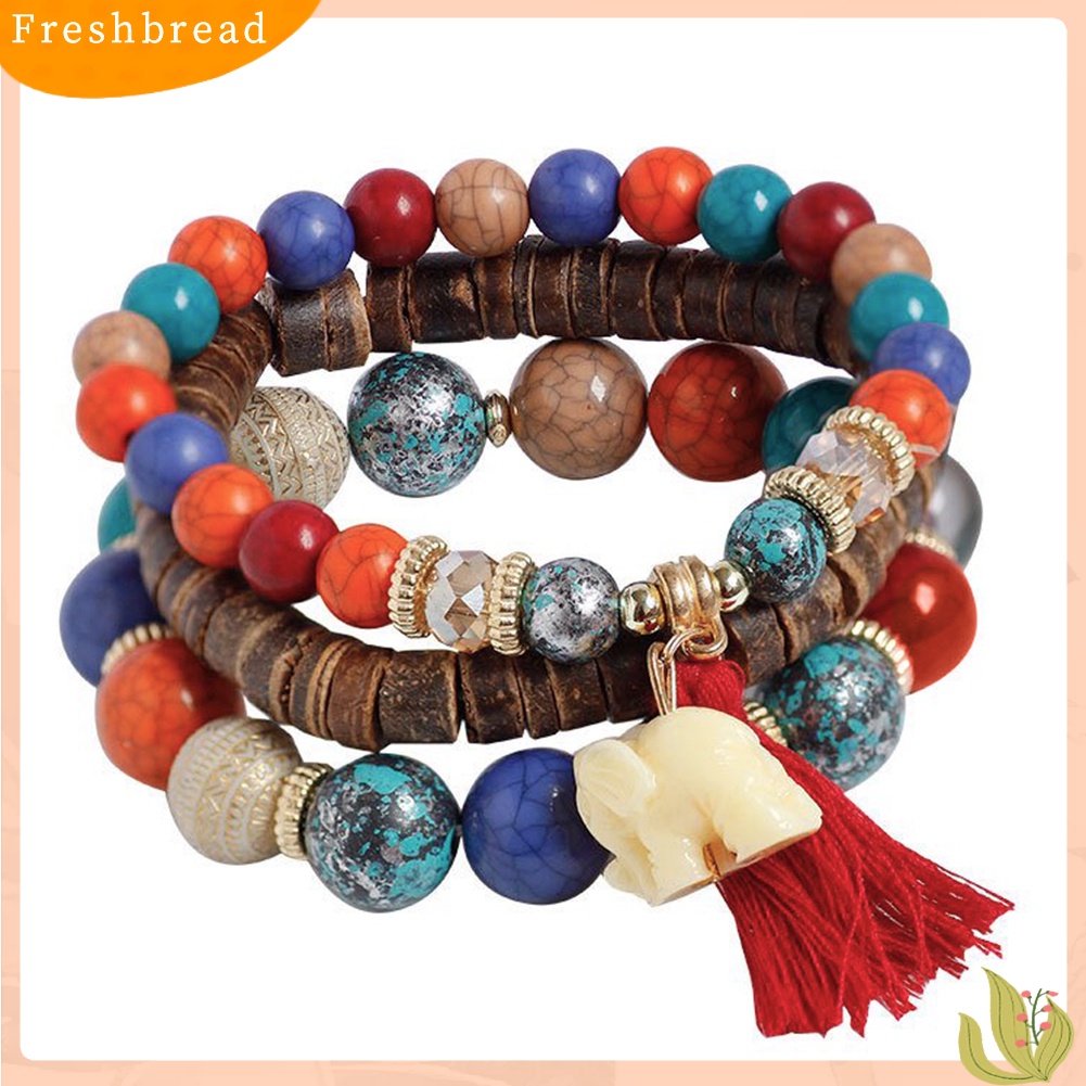 &lt; Freshbread &gt; 3Pcs/Set Bohemian Wanita Gajah Rumbai Pesona Ceko Batu Manik-Manik Gelang Hadiah