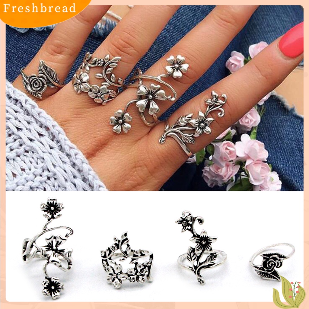 &lt; Freshbread &gt; 4Pcs/Set Cincin Buku Jari Klasik Gaya Cina Sederhana Berongga Diukir Bunga Tumpuk Cincin Aksesori Perhiasan