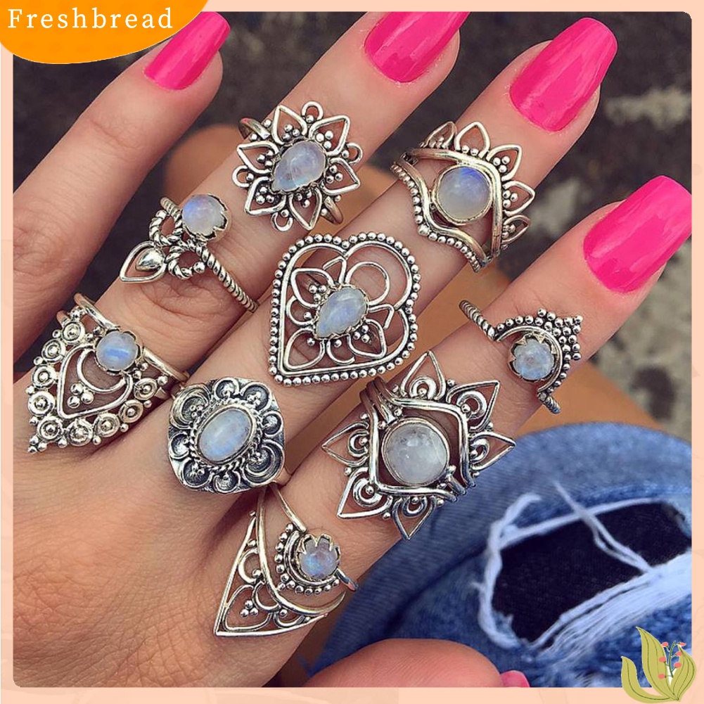 &lt; Freshbread &gt; 9Pcs/Set Retro Wanita Berongga Bunga Faux Gemstone Knuckle Midi Susun Rings Set