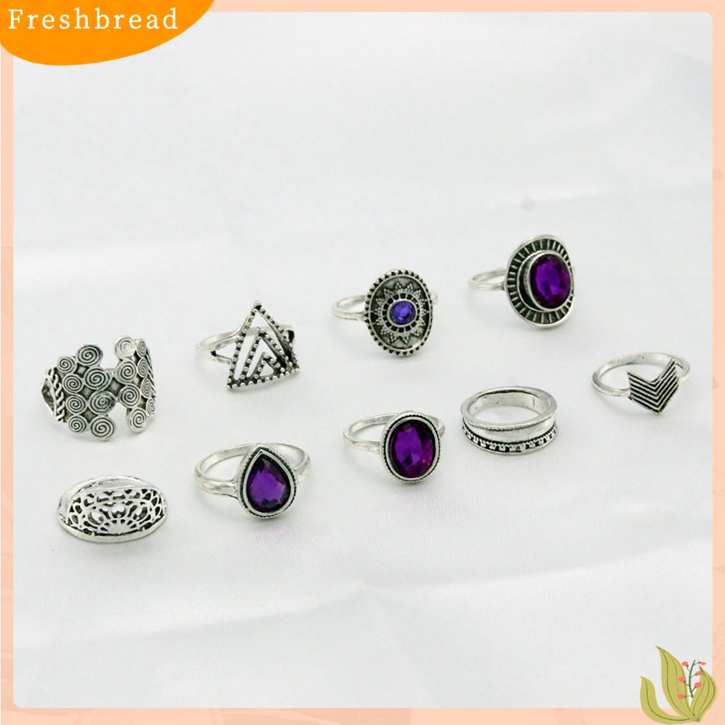 &lt; Freshbread &gt; 9Pcs/set Water Drop Stackable Knuckle Rings Alloy Bohemia Ungu Permata Imitasi Jari Rings Perhiasan Aksesori