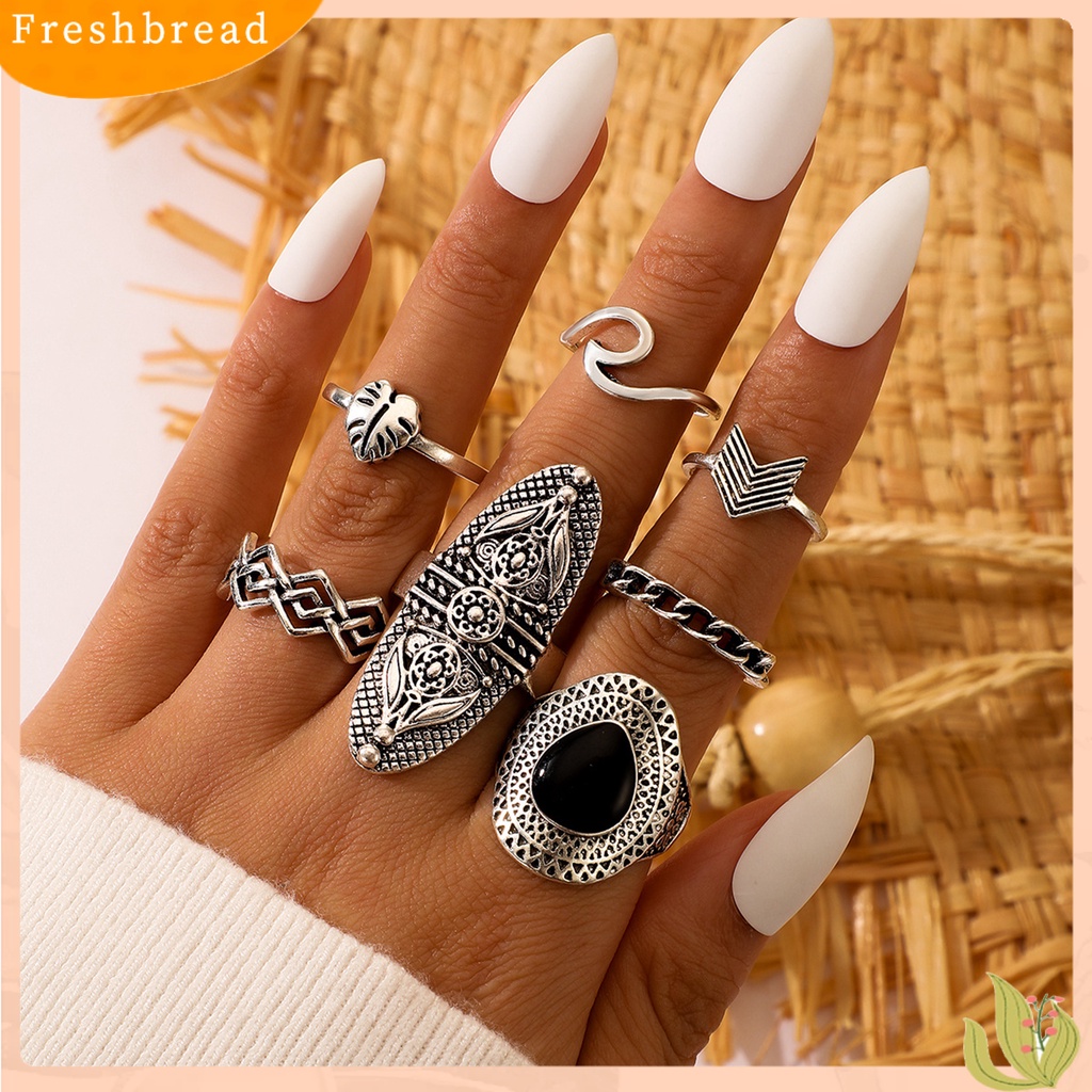 &lt; Freshbread &gt; 7Pcs Cincin Bohemian Wanita Anti Tarnish Geometris Permata Imitasi Jari Cincin Set Perhiasan Untuk Pesta