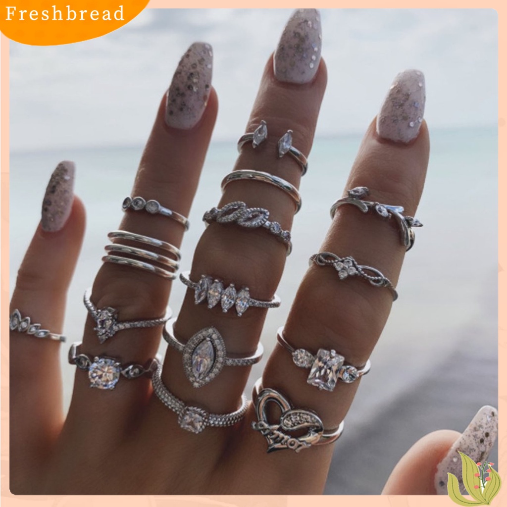 &lt; Freshbread &gt; 15Pcs/Set Cincin Fashion Kerajinan Tangan Geometris Hati Kristal Imitasi Perhiasan Ring Untuk Pesta