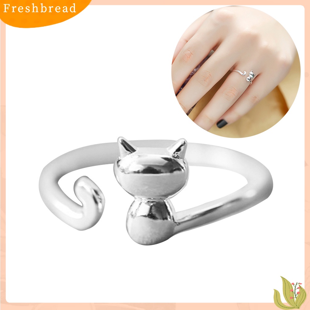 &lt; Freshbread &gt; Wanita Perak Berlapis Kucing Lucu Terbuka Hewan Jari Cincin Adjustable Perhiasan Hadiah