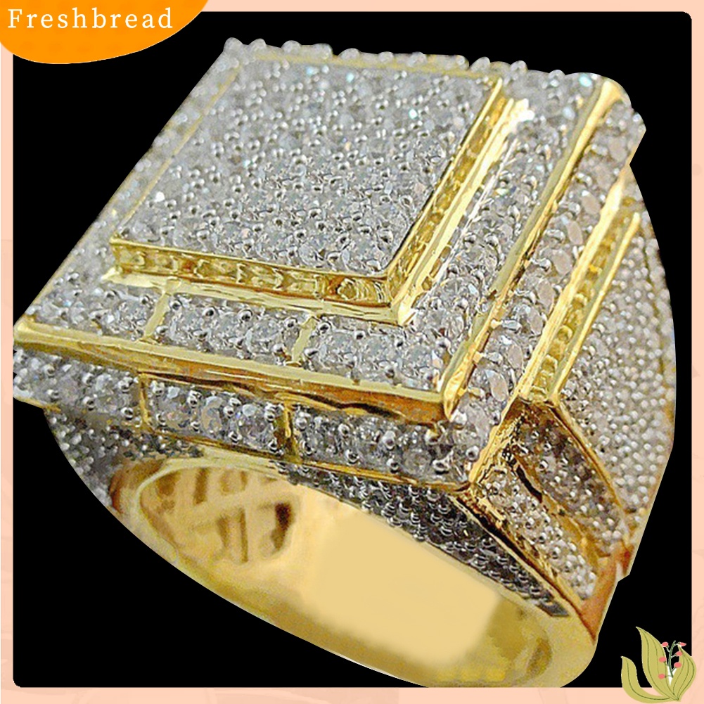 &lt; Freshbread &gt; Pria Fashion Besar Persegi Hip Hop Penuh Micro Berlian Imitasi Pave Rings Perhiasan Pernikahan