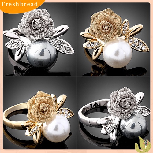 &lt; Freshbread &gt; Fashion Wanita Mawar Mutiara Imitasi Kristal Bening Berlapis Emas 9K Cincin Perhiasan Pesta