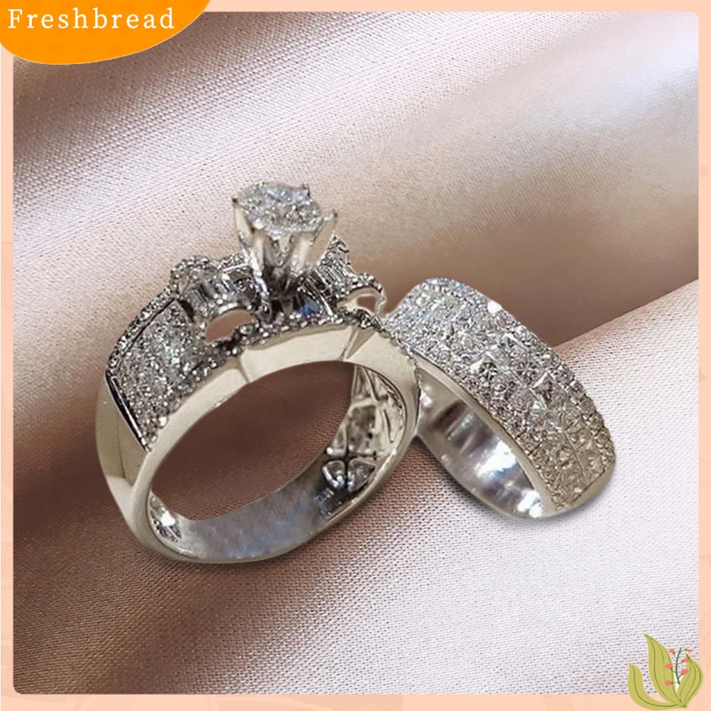 &lt; Freshbread &gt; 2Pcs/Set Lebar Sederhana Cincin Pasangan Paduan Bertatahkan Berlian Imitasi Bersinar Pernikahan Band Perhiasan Fashion