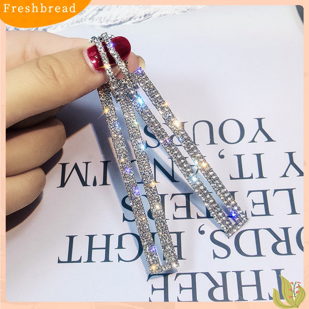 < Freshbread > Wanita Berlian Imitasi Hias Berongga Persegi Panjang Panjang Geometris Menjuntai Anting Perhiasan