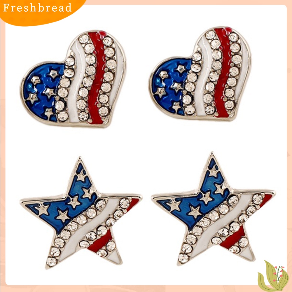 &lt; Freshbread &gt; Wanita Berlian Imitasi Bintang Cinta Hati Bendera Amerika Ear Studs Piercing Earrings Hadiah