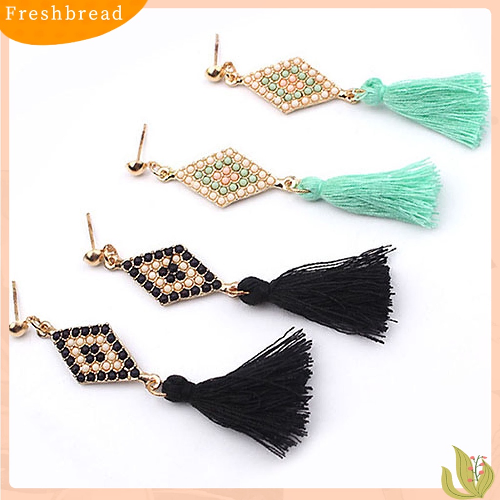 &lt; Freshbread &gt; 1pasang Ear Studs Gaya Folk Elegan Bentuk Rhombic Thread Fringed Earrings Untuk Hadiah