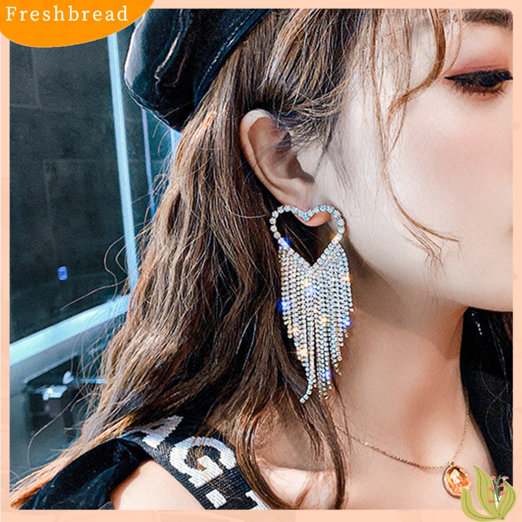 &lt; Freshbread &gt; 1pasang Drop Earrings Shining Long Tassel Glitter Semua Pertandingan Anti-Alergi Dekorasi Telinga Gaya Korea Temperamen Cinta Hati Berlian Imitasi Penuh Telinga Giwang Menjuntai Anting