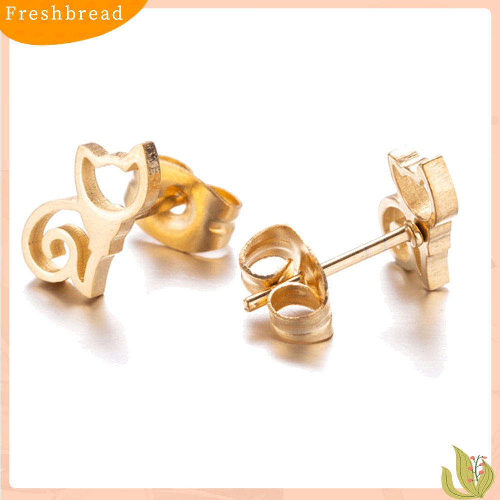 &lt; Freshbread &gt; Anting Tusuk Stainless Steel Kucing Berongga Minimalis Perhiasan Wanita Hewan Lucu