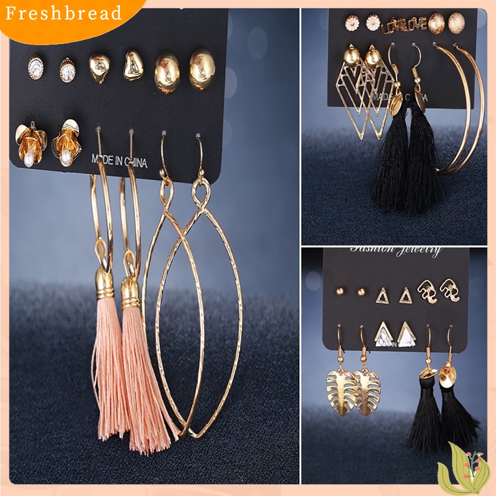 &lt; Freshbread &gt; 6pasang Fashion Bunga Daun Rumbai Hoop Wanita Ear Studs Menjuntai Kait Anting Set