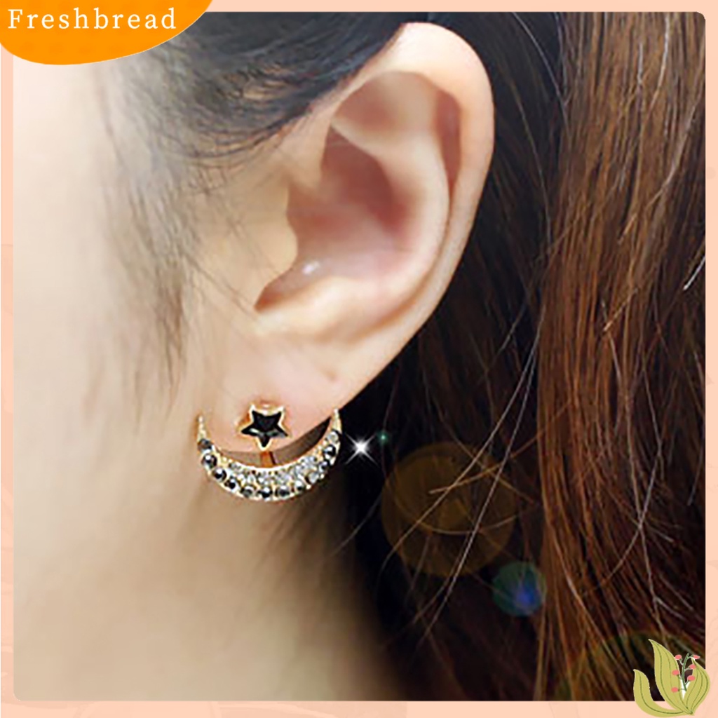 &lt; Freshbread &gt; 1pasang Anting Bentuk Bulan Bintang Desain Berlian Imitasi Bahan Alloy Wanita Fashion Ear Studs Untuk Hadiah