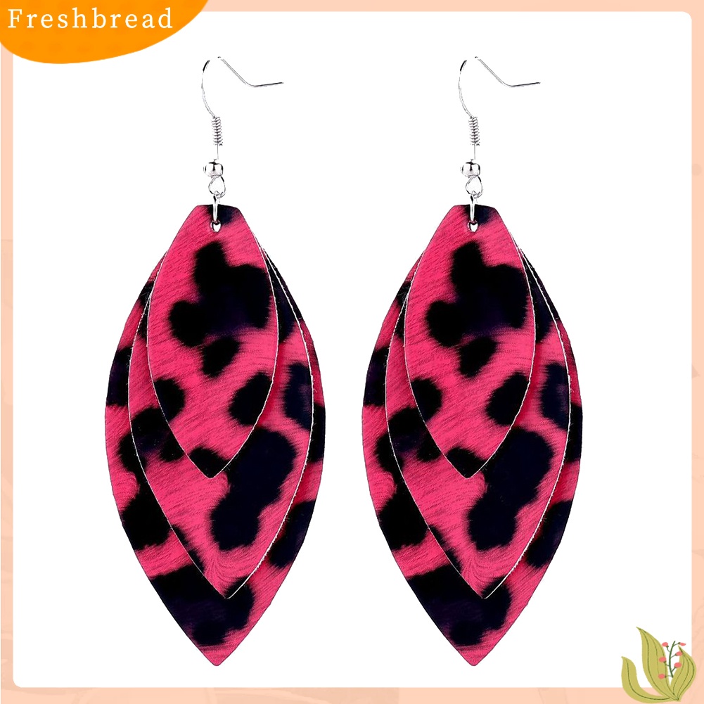 &lt; Freshbread &gt; Wanita Leopard Triple Layer Bentuk Daun Kulit Imitasi Anting Kait Menjuntai Panjang