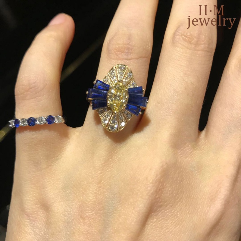 S925 Perak Vintage Bentuk Mata Kuda Kuning AAA Zircon Ring