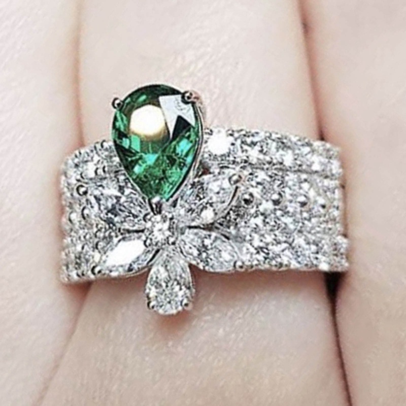 Vintage Green Cubic Zirconia Ring Temperamen Cincin Jari Bunga Manis Untuk Wanitapestahadiah Anniversary