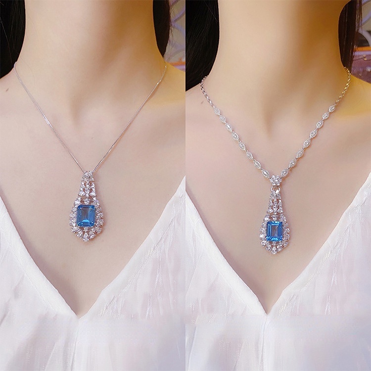 Goldkingdom Aksesoris Perhiasan Fashion Ready Stock Swiss Blue Topaz Pendant Dengan Kalung Bertatahkan Indah