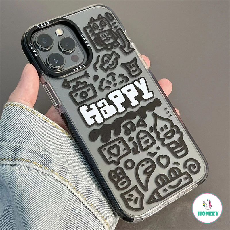 IPHONE Penanda Fashion Graffiti Luminous Case Apple 14kartun Kompatibel Untuk Iphone11 12 13 14 Pro Max Hitam Inggris Lembut Shockproof Back Cover