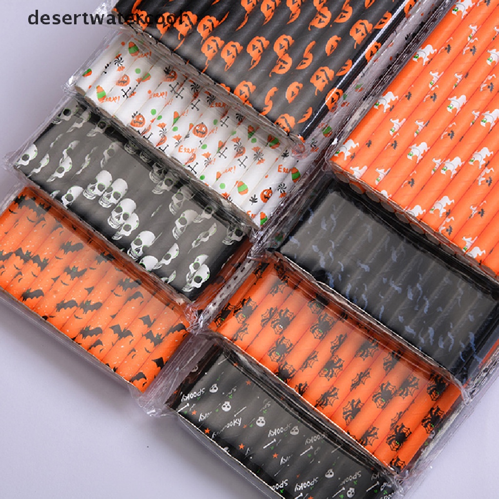 Deid 25pcs Halloween Minum Sedotan Kertas Labu Kelelawar Spider Web Skeleton Pola Penyihir Sedotan Halloween Perlengkapan Pesta Dekorasi Martijn