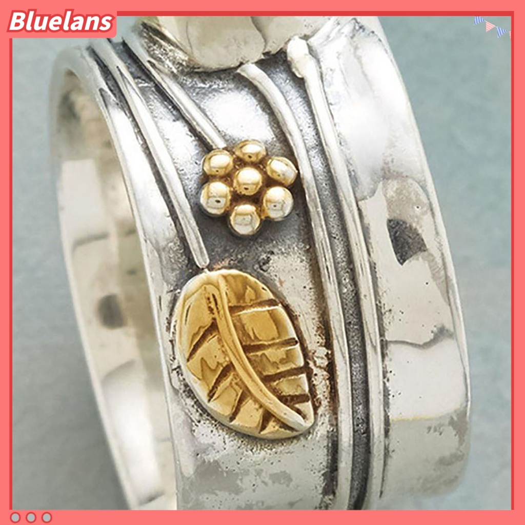 {In Stock} Cincin Vintage Two-tone Sederhana Statement Biru Permata Imitasi Daun Bunga Jari Cincin Perhiasan Aksesoris