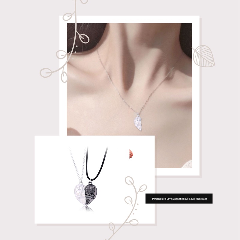 2pcs/set Bentuk Hati Magnetik Menarik Pasangan Kalung Desain Baru Sederhana Kreatif Tengkorak Hati Liontin Pendant Necklace