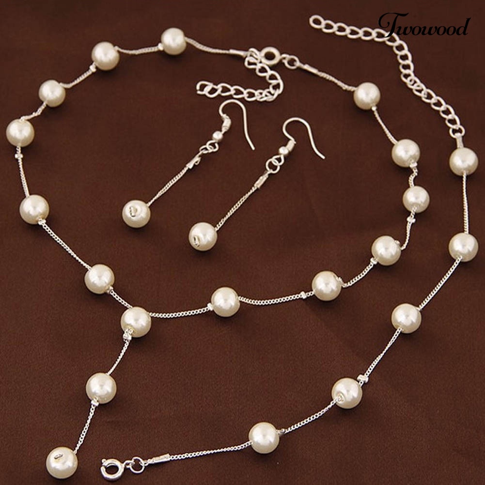 Twowood 3Pcs/Set Wanita Manis Mutiara Imitasi Rantai Panjang Menjuntai Anting Gelang Kalung