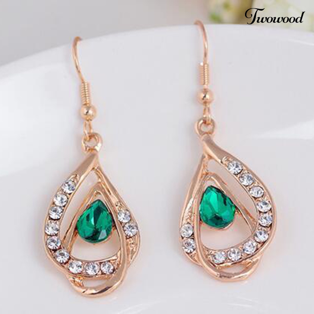 Twowood Water Drop Pendant Berlian Imitasi Bertatahkan Kalung Kait Anting Set Perhiasan Pengantin