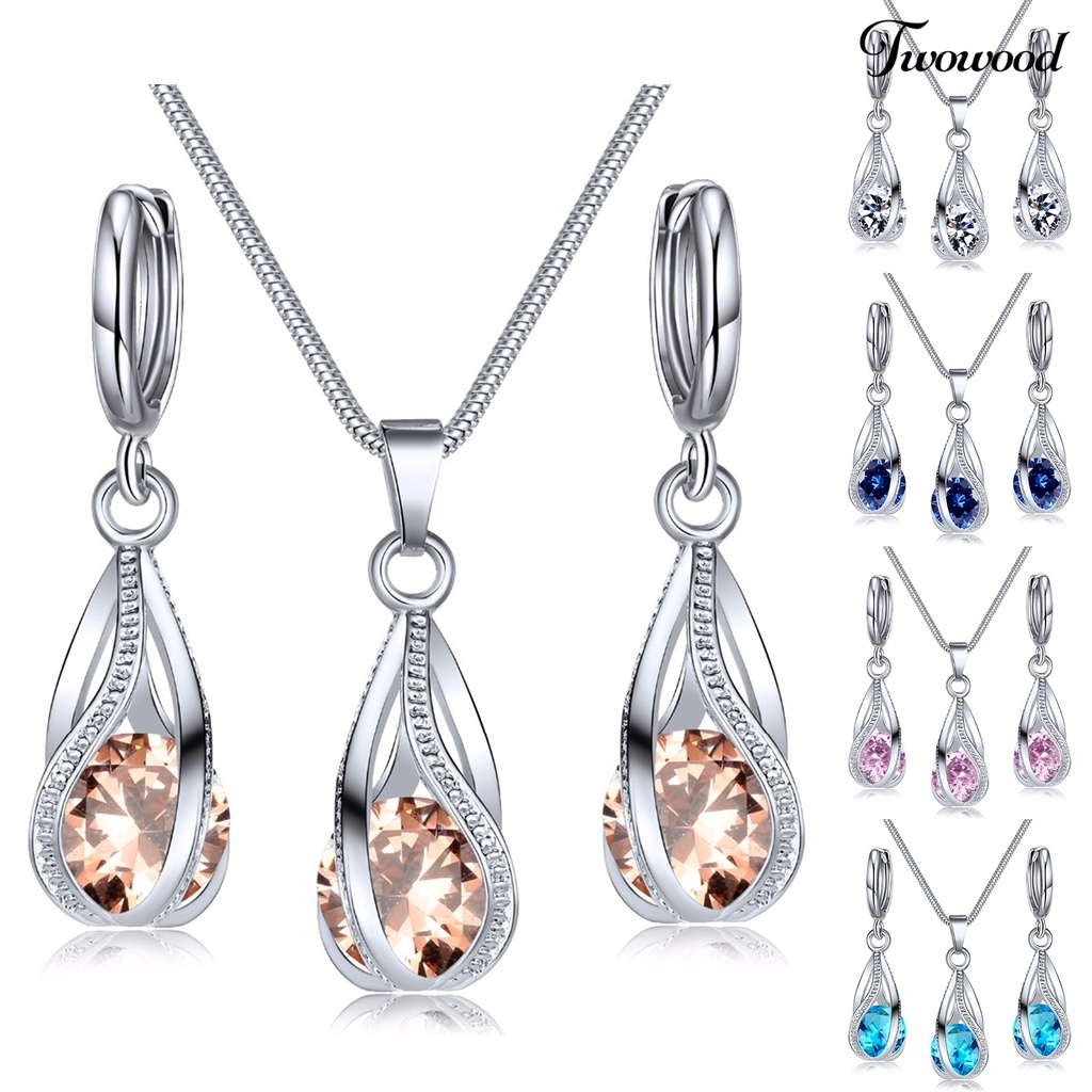 Twowood 1set Liontin Anting Berlian Imitasi Cubic Zirconia High Gloss Temperamen Geometris Dekorasi Shinny Fashion Spiral Berbentuk Kalung Set Wanita Aksesori