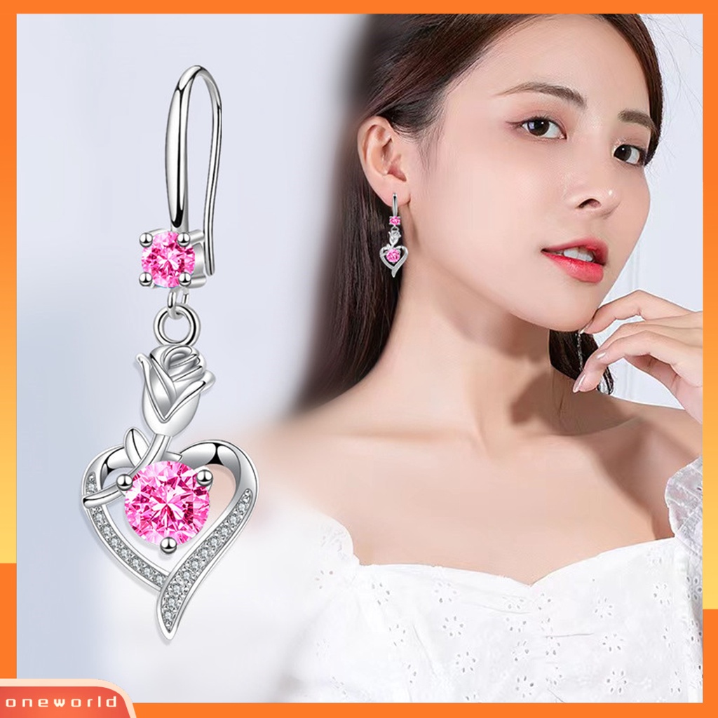 [OWR] 1pasang Anting Hoop Bersinar Cubic Zirconia Geometris High-end Liontin Berdandan Hypoallergenic Bunga Mawar Hati Menjuntai Anting Perhiasan Fashion