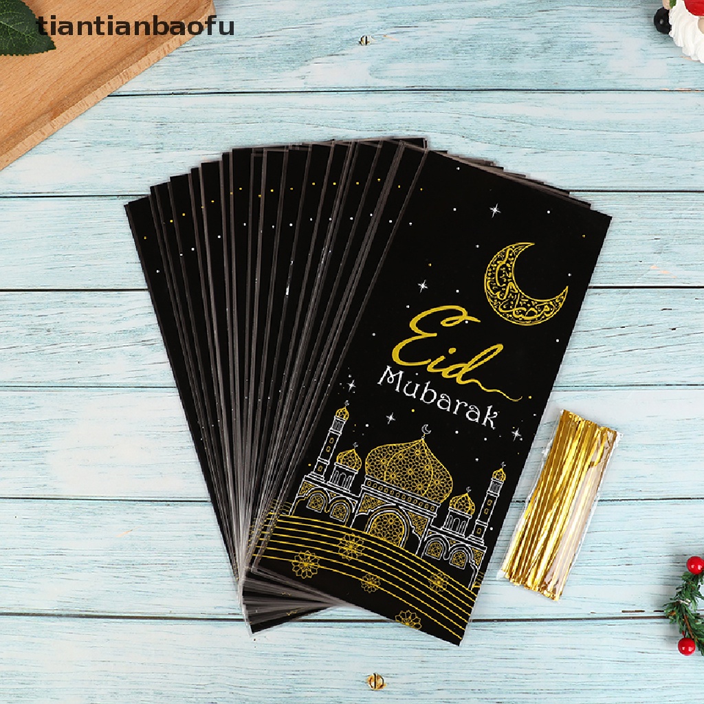 [tiantianbaofu] 50 Pcs Eid Mubarak Hadiah Tas Moon House OPP Permen Cookie Bag Perlengkapan Pesta Butik