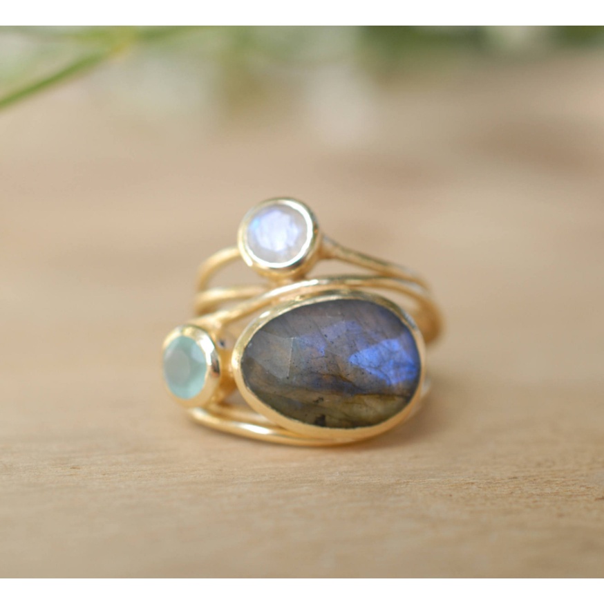 Goldkingdom Fashion Perhiasan Aksesoris Ready Stock Berlapis Emas Tujuh Warna Moonlight Batu Cincin Perempuan Kreatif Multi Layer Shell Ring