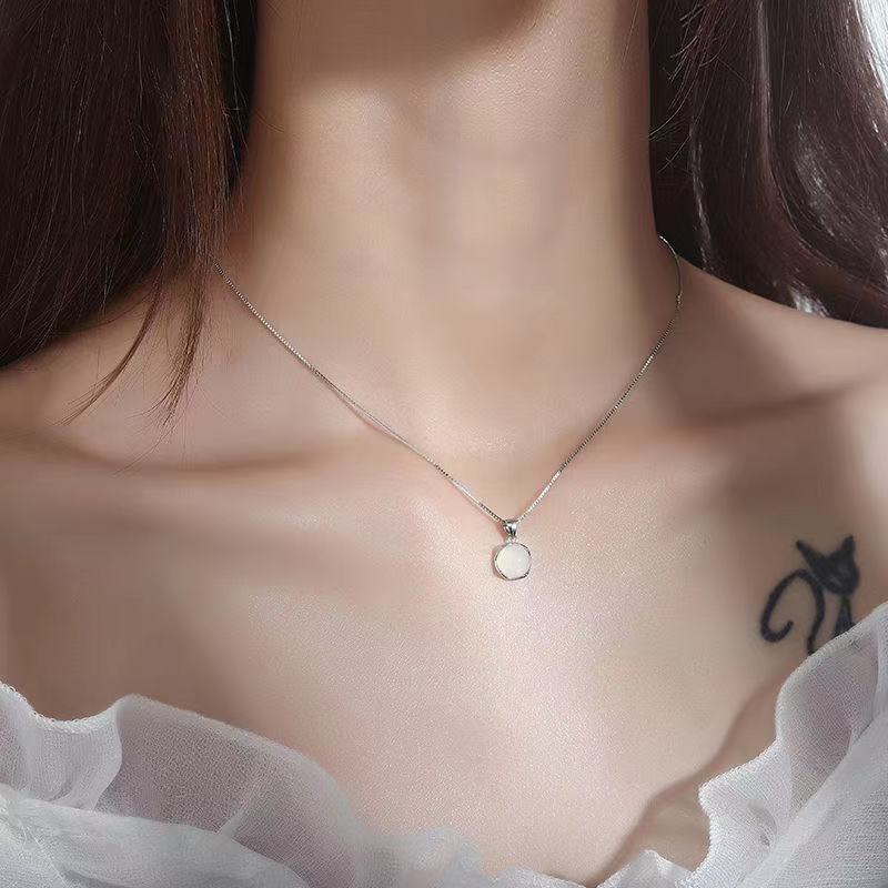 Kalung Rantai Perak Y2K Korea Untuk Wanita Elegan Opal Pendant Perhiasan Aksesoris