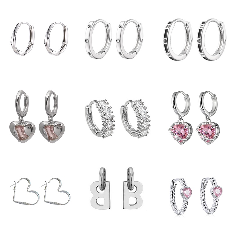 Fashion Pink Zircon Heart Drop Earrings Heart Kristal Silver Hoop Earring Untuk Aksesoris Perhiasan Wanita