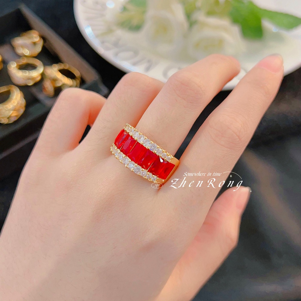 Goldkingdom Aksesoris Perhiasan Fashion Ready Stock Vintage Cincin Kaca French Vintage Berlapis Emas Micro Set Dengan Berlian Penuh Antik Colorful Treasure Ring